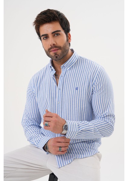 Erkek Çizgili Yıkamalı Pamuk Regular Erkek Gömlek