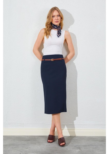 Kadın Lacivert Ince Kemerli Poliviskon Midi Boy Etek fiyatları