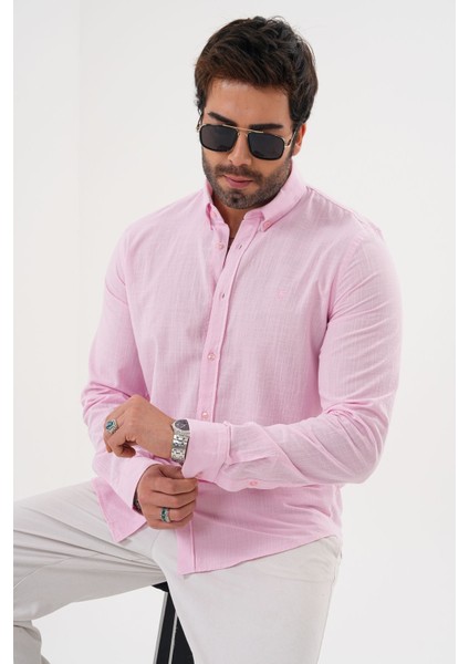 Erkek PAMUK Nefes Alan Teri Emen Nakışlı Regular Gömlek