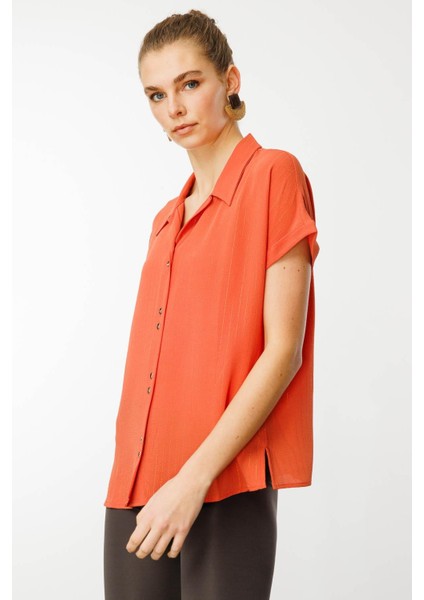 Kadın Krep Kumaş Simli Gömlek Kiremit modelleri