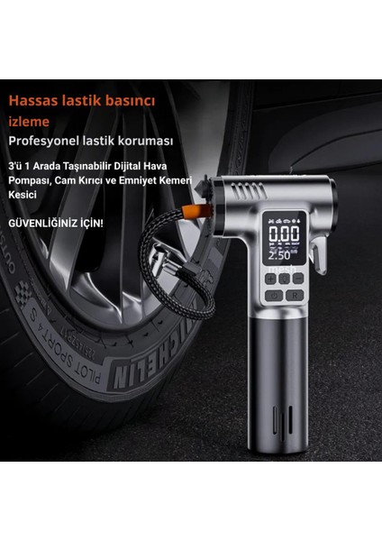 4in1 150PSİ 4000MAH Şarjlı Araç Lastik Şişirme Pompası, Cam Kırıcı, Kemer Kesici, LED Işıklı,şarjlı Pompa