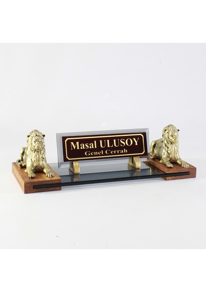 Çift Aslanlı Gold Premium Cam Masaüstü Isimlik - Çift Aslanlı Isimlik