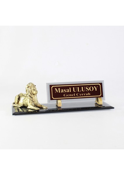 Aslanlı Isimlik - Aslanlı Premium Cam Masaüstü Isimlik - Aslan