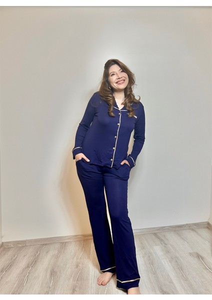 Kadın Lacivert Uzun Kollu Modal Gold Biyeli Pijama Takımı fırsatları