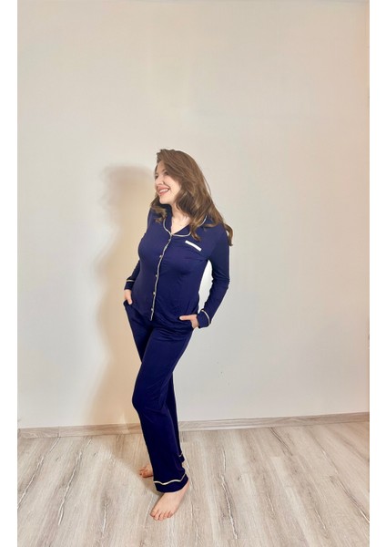 Kadın Lacivert Uzun Kollu Modal Gold Biyeli Pijama Takımı indirimleri