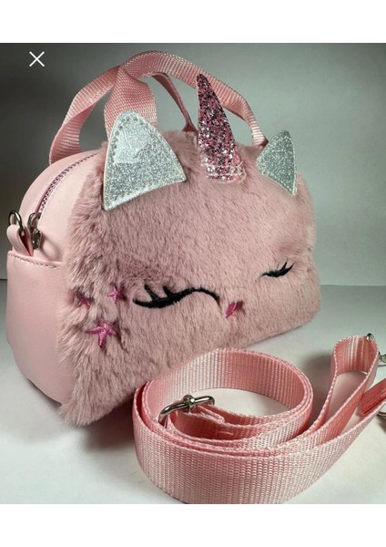 Kız Çocuk Çantası Pembe Önü Peluşlu Askılı ve Nakışlı