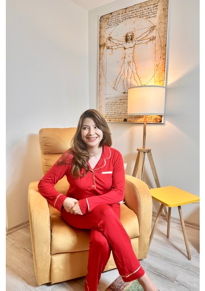 Kadın Kırmızı Uzun Kollu Gold Biyeli Mikro Modal Pijama Takımı