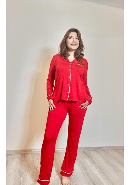 Kadın Kırmızı Uzun Kollu Gold Biyeli Mikro Modal Pijama Takımı