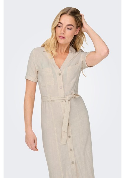Onlsiesta Keten Karışımlı Regular Fit V Yaka Midi Boy Cepli Elbise Bayan Elbise 15347210