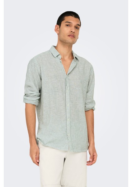 Onscaiden Çizgili Pamuk ve Keten Karışımlı Slim Fit Gömlek Erkek Gömlek 22026601