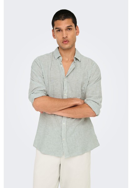 Onscaiden Çizgili Pamuk ve Keten Karışımlı Slim Fit Gömlek Erkek Gömlek 22026601 modelleri