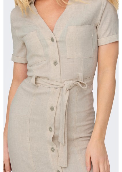 Onlsiesta Keten Karışımlı Regular Fit V Yaka Midi Boy Cepli Elbise Bayan Elbise 15347210