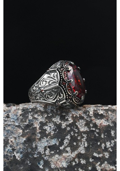 925 Ayar Gümüş Kırmızı Zirkon Taşlı Erkek Yüzüğü Zirkon Taş Süslemeli 901632 fiyatları