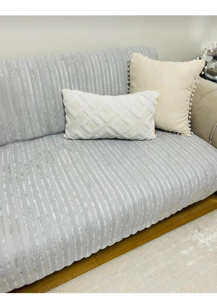 Göksal Suvari Bambu Çizgili Süngerli Kadife Kaymaz Koltuk Örtüsü 170*210 cm