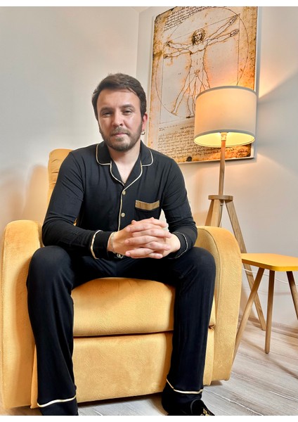 Erkek Siyah Uzun Kollu Gold Biyeli Mikro Modal Pijama Takımı