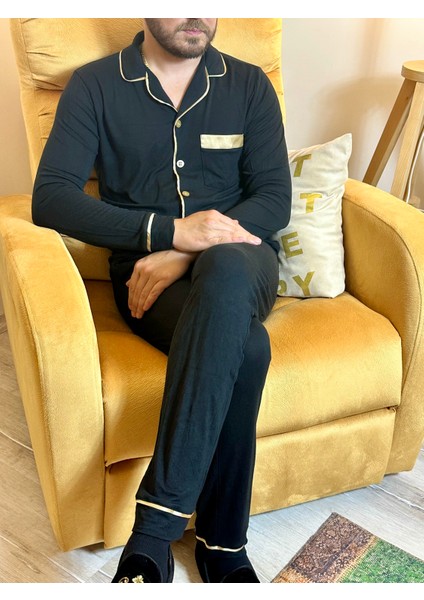 Erkek Siyah Uzun Kollu Gold Biyeli Mikro Modal Pijama Takımı