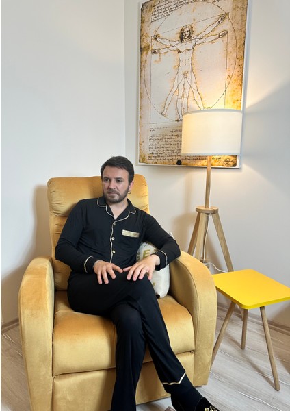 Erkek Siyah Uzun Kollu Gold Biyeli Mikro Modal Pijama Takımı