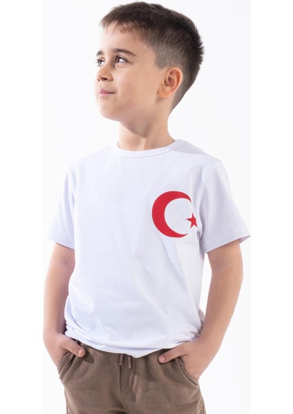Erkek Çocuk Türk Bayrak Göğüs Arma Baskılı Beyaz Tshirt