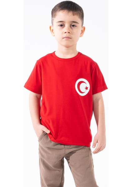 Erkek Çocuk Türk Bayrak Göğüs Arma Baskılı Kırmızı Tshirt