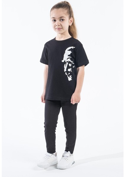 Kız Çocuk Atatürk Siluet Baskılı Siyah Tshirt