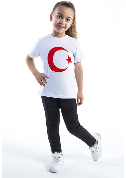 Kız Çocuk Türk Bayraklı Beyaz Tshirt Penye