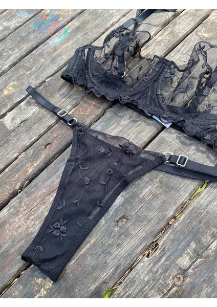 Siyah Çiçekli Bralet Takımı