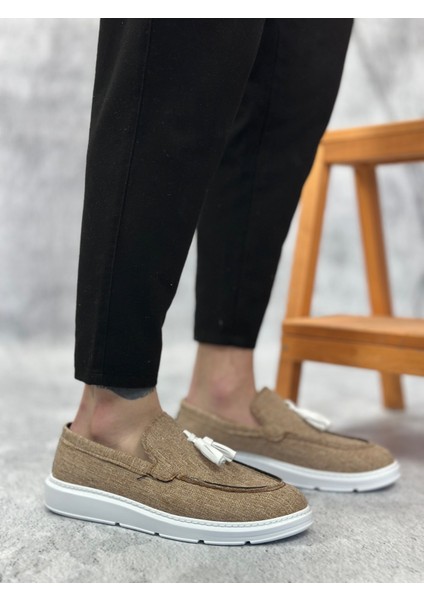 ET0005 Bağcıksız Yüksek Taban Klasik Keten Hardal Püsküllü Erkek Ayakkabı