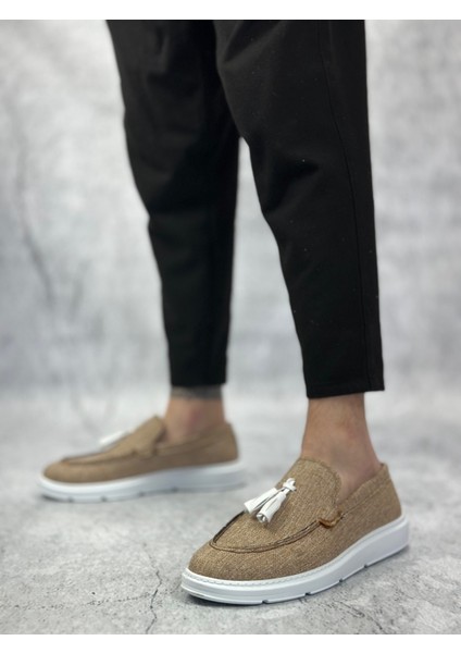 ET0005 Bağcıksız Yüksek Taban Klasik Keten Hardal Püsküllü Erkek Ayakkabı modelleri