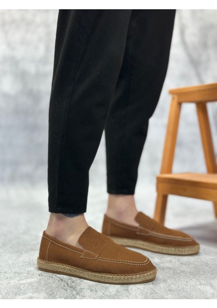 BA0359 Boa Doğal Deri Tozu Bağcıksız Kauçuk El Yapımı Espadril Taban Taba Renk Erkek Ayakkabı