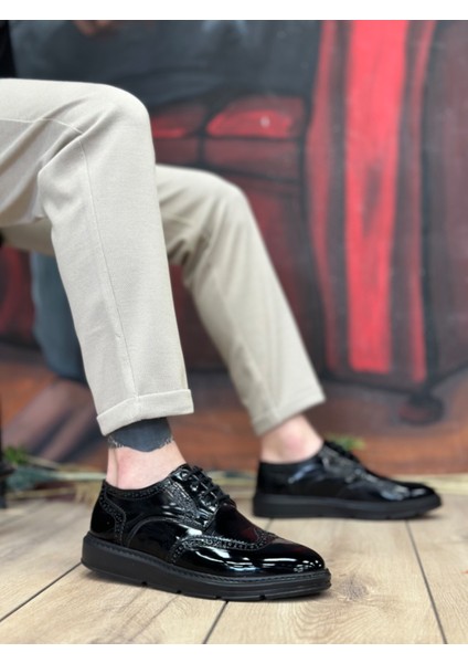 ET0003 Bağcıklı Klasik Siyah Taban Rugan Yüksek Taban Casual Erkek Ayakkabı