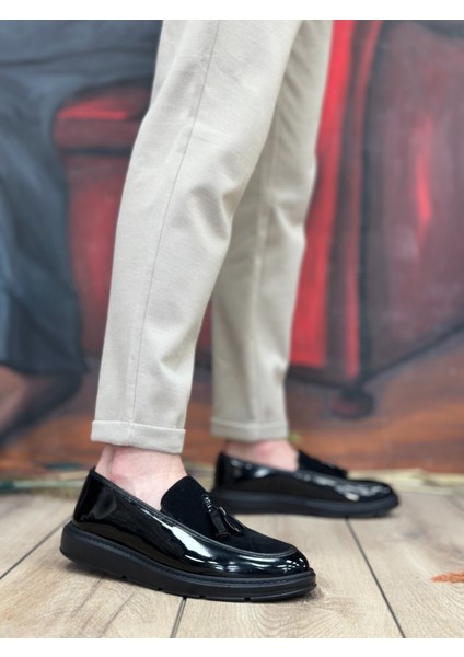 ET0005 Bağcıksız Yüksek Taban Siyah Taban Klasik Süet Detaylı Püsküllü Corcik Erkek Ayakkabı