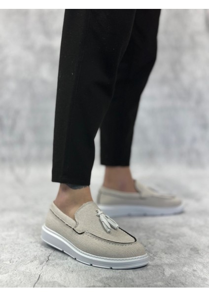 ET0005 Bağcıksız Yüksek Taban Klasik Keten Beyaz Püsküllü Erkek Ayakkabı indirimleri
