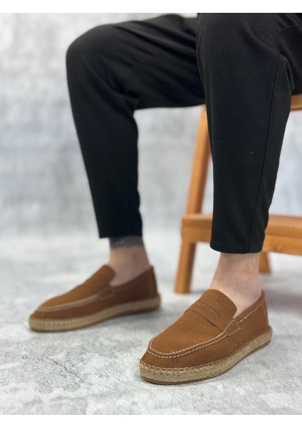 BA0359 Boa Doğal Deri Tozu Bağcıksız Kauçuk El Yapımı Espadril Taban Taba Renk Erkek Ayakkabı