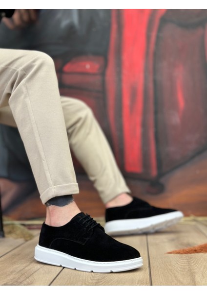ET0003 Bağcıklı Klasik Spor Süet Siyah Beyaz Yüksek Taban Casual Erkek Ayakkabı