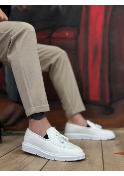 ET0005 Bağcıksız Yüksek Taban Klasik Beyaz Püsküllü Erkek Ayakkabı