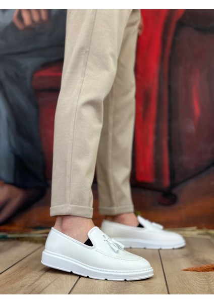 ET0005 Bağcıksız Yüksek Taban Klasik Beyaz Püsküllü Erkek Ayakkabı fiyatları