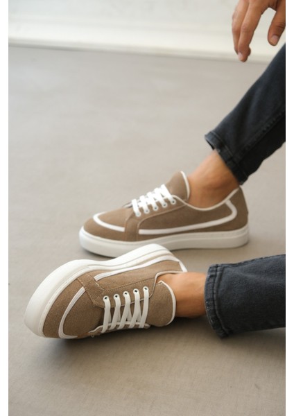 ET0351 Bağcıklı Deri Tozu Günlük Vizon Renk Spor Ayakkabı