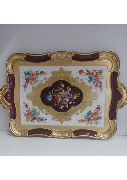 Floransa Sanat Wdn Dikdörtgen Tepsi 55X36CM Gold Leaf Bordo Italyan Gül Ağaç El Yapımı 1 Adet