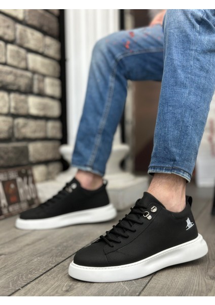 ET0331 Bağcıklı Erkek Yüksek Taban Cilt Siyah Beyaz Taban Spor Ayakkabı