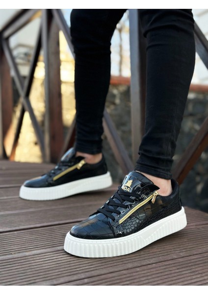 ET-S-308 Kalın Yüksek Taban Çift Fermuarlı Siyah Beyaz Erkek Ayakkabı