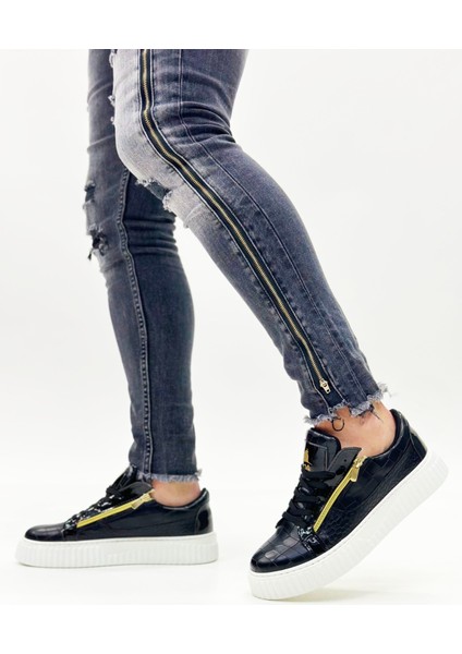 ET-S-308 Kalın Yüksek Taban Çift Fermuarlı Siyah Beyaz Erkek Ayakkabı indirimleri