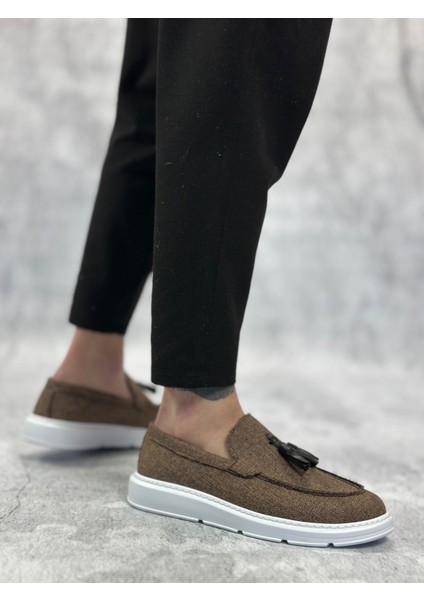 ET0005 Bağcıksız Yüksek Taban Klasik Keten Kahverengi Püsküllü Erkek Ayakkabı