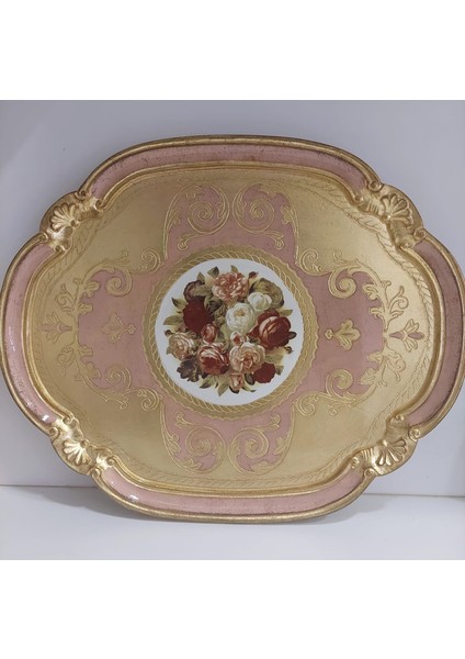 Floransa Sanat Wdn Oval Tepsi 51X42CM Gold Leaf Açık Pembe Italyan Gül Ağaç El Yapım Büyük 1 Adet