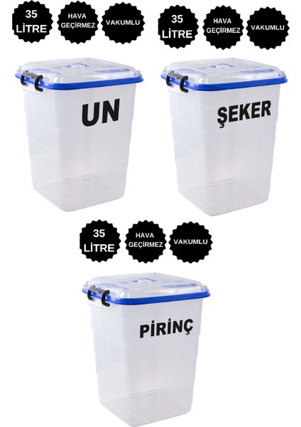 3 Lü Set Un Şeker Pirinç Saklama Kutusu Kabı Mega Büyük Boy 35 Litre Vakumlu Silikonlu Yeni Ürün