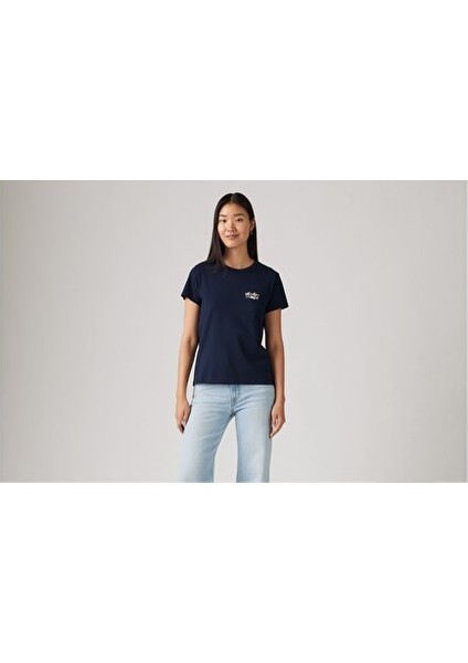 Kadın Bisiklet Yaka Çiçek Desenli Lacivert T-Shirt 17369-2949