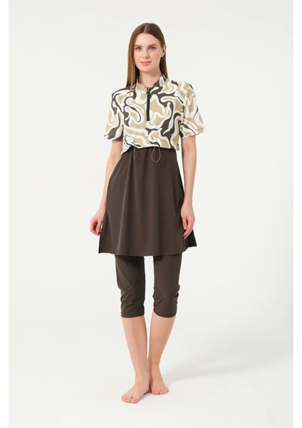 Sporcu Likra Kumaş Hızlı Kuruyan Yarım Fermuarlı Kısa Kollu Taytlı Kadın Mayo 3405