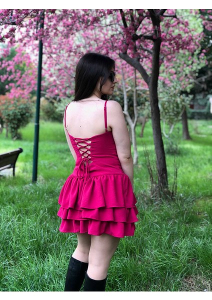Kadın Askılı Volanlı Sırt Bağcıklı Mini Elbise modelleri