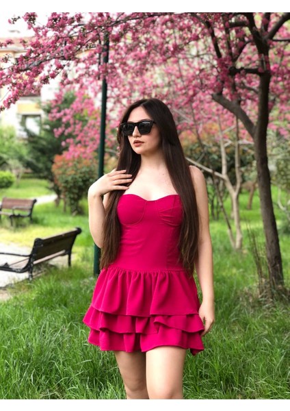 Kadın Askılı Volanlı Sırt Bağcıklı Mini Elbise