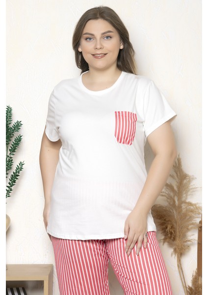 Büyük Beden Nar Çiçeği Renkli Çizgili Kısa Kollu Battal Pijama Takımı B-21 fiyatları