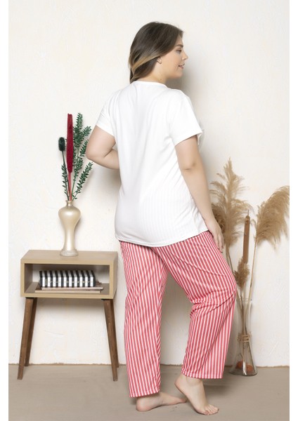 Büyük Beden Nar Çiçeği Renkli Çizgili Kısa Kollu Battal Pijama Takımı B-21 modelleri